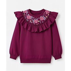 Pine Kids Cotton Knit Sweatshirt with Full Sleeves and Floral Print in Wine