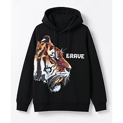 Pine Kids Cotton Knit Hooded Sweatshirt with Full Sleeves and Tiger Print - Black
