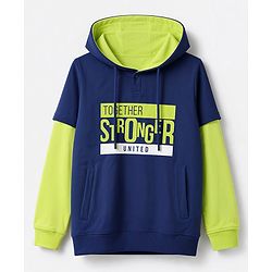 Pine Kids Cotton Knit Hooded Sweatshirt with Full Sleeves and Together Stronger Text Print - Blue