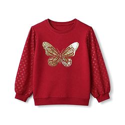 Pine Kids Cotton Knit Sweatshirt with Full Sleeves and Butterfly Sequins in Red for 4-5 Years