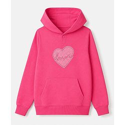 Pine Kids Cotton Knit Hooded Sweatshirt with Full Sleeves and Hearts Print - Pink