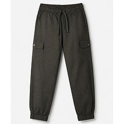 Pine Kids Cotton Elastane Woven Cargo Full Length Solid Trouser in Olive Green