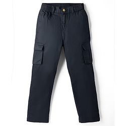 Pine Kids Cotton Elastane Woven Full Length Solid Color Trousers with Cargo Pockets  - Black