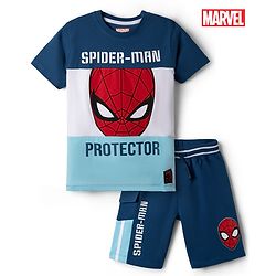 Pine Kids Marvel Single Jersey Knit Half Sleeves T-Shirt & Shorts With Spider-Man Graphic - Blue