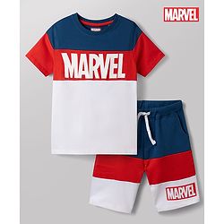 Pine Kids Marvel Single Jersey Knit Half Sleeves T-Shirt and Shorts with Marvel Graphics-  White & Navy