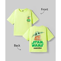Pine Kids Lucas Single Jersey Knit Drop Shoulder Sleeves T-Shirt With Front & Back Baby Yoda Graphics - Green