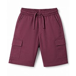 Pine Kids Cotton Elastane Woven Above Knee Length Solid Colour Shorts with Cargo Pockets - Dark Red