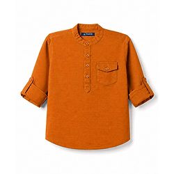 Pine Kids Cotton Woven Full Sleeves Mandarin Collar Solid Kurta Shirt - Orange