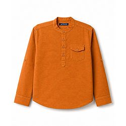 Pine Kids Cotton Woven Full Sleeves Mandarin Collar Solid Kurta Shirt - Orange