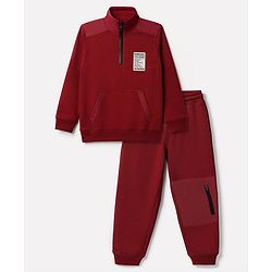 Pine Kids Looper Knit Full Sleeves T-Shirt and Jogger Winter Wear Suit with Fearless Challenger Patch - Maroon