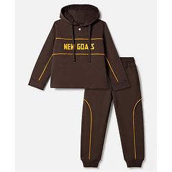 Pine Kids Looper Knit Full Sleeves Hooded T-Shirt and Jogger Winter Wear Suit with New Goals Print - Dark Brown
