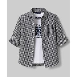 Pine Kids 100% Cotton Woven Full Sleeves Checks Shirt With Text Printed Tank T-Shirt - Black
