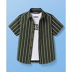 Pine Kids Cotton Woven Half Sleeves Striped Shirt With Text printed Tank T-Shirt - Green