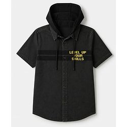 Pine Kids Cotton Woven Hooded Shirt with Half Sleeves and Level Up Your Skills Print - Black