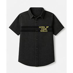 Pine Kids Cotton Woven Hooded Shirt with Half Sleeves and Level Up Your Skills Print - Black