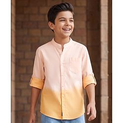 Pine Kids Cotton Woven Full Sleeves Solid Mandarin Collar Shirt with Ombre Effects-  Orange