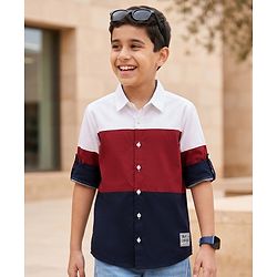 Pine Kids Cotton Woven Full Sleeves Colour Block Solid Colour Shirt - White Maroon & Navy