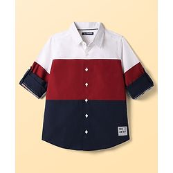 Pine Kids Cotton Woven Full Sleeves Colour Block Solid Colour Shirt - White Maroon & Navy