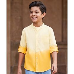 Pine Kids Cotton Woven Full Sleeves Solid Mandarin Collar Shirt with Ombre Effects-  Yellow