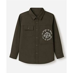Pine Kids Cotton Woven Solid Shirt with Full Sleeves and Adventure Print - Olive Green