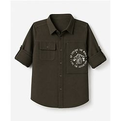 Pine Kids Cotton Woven Solid Shirt with Full Sleeves and Adventure Print - Olive Green