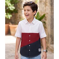 Pine Kids Cotton Woven Full Sleeves Colour Block Solid Colour Shirt - White Maroon & Navy