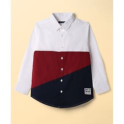 Pine Kids Cotton Woven Full Sleeves Colour Block Solid Colour Shirt - White Maroon & Navy