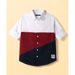 Pine Kids Cotton Woven Full Sleeves Colour Block Solid Colour Shirt - White Maroon & Navy