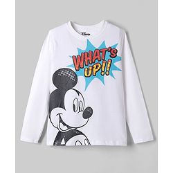 Pine Kids Disney Single Jersey Knit Full Sleeves T-Shirt & Pyjama Night Suit with Mickey Mouse Graphic - White