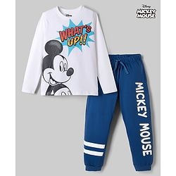 Pine Kids Disney Single Jersey Knit Full Sleeves T-Shirt & Pyjama Night Suit with Mickey Mouse Graphic - White