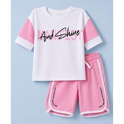 Pine Active Knit Half Sleeves Text Printed T-Shirt & Shorts Set - White & Pink