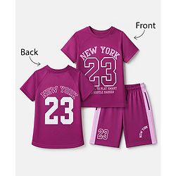 Pine Active Knit Half Sleeves Tee With Shorts Set With Text Print - Pink