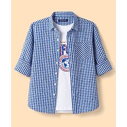 Pine Kids 100% Cotton WOven Full Sleeves Checked Shirt With Text Printed Tank T-Shirt - Multicolor