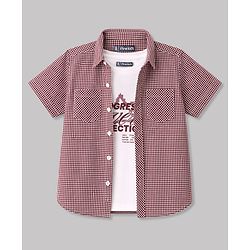 Pine Kids Cotton Woven Half Sleeves Checks Shirt With  Tank T-Shirt - Maroon