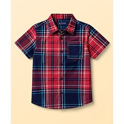 Pine Kids 100% Cotton Woven Half Sleeves Checked Shirt With Vehicles Printed Tank Inner Tee - Red