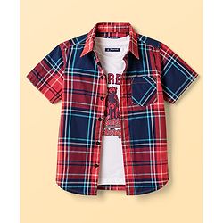 Pine Kids 100% Cotton Woven Half Sleeves Checked Shirt With Vehicles Printed Tank Inner Tee - Red