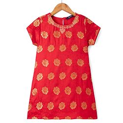 Pine Kids Woven Half Sleeves Floral Foil Printed Kurti Chudidar Set With Dupatta - Red