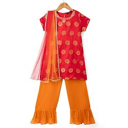 Pine Kids Woven Half Sleeves Floral Foil Printed Kurti Chudidar Set With Dupatta - Red