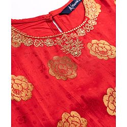 Pine Kids Woven Half Sleeves Floral Foil Printed Kurti Chudidar Set With Dupatta - Red
