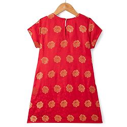 Pine Kids Woven Half Sleeves Floral Foil Printed Kurti Chudidar Set With Dupatta - Red