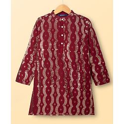 Pine Kids Woven Full Sleeves Sequinned Kurta & Pyjama Set - Maroon