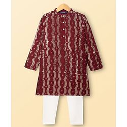 Pine Kids Woven Full Sleeves Sequinned Kurta & Pyjama Set - Maroon