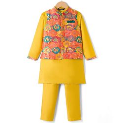 Pine Kids Woven Full Sleeves Floral Printed Kurta & Pyjama Set With Jacket - Yellow
