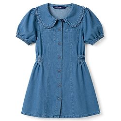 Pine Kids 100% Cotton WOven Half Puffed Sleeves Solid Shirt Dress - Blue