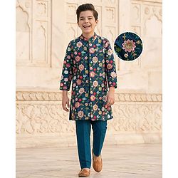 Pine Kids Woven Full Sleeves Floral Embroidered & Sequinned Kurta & Pyjama Set - Navy Blue