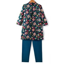 Pine Kids Woven Full Sleeves Floral Embroidered & Sequinned Kurta & Pyjama Set - Navy Blue