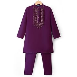 Pine Kids Woven Full Sleeves Floral Embroidered Kurta & Pyjama Set - Purple