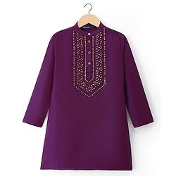 Pine Kids Woven Full Sleeves Floral Embroidered Kurta & Pyjama Set - Purple