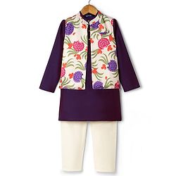 Pine Kids Woven Full Sleeves Floral Printed Kurta Pyjama Set With Jacket - Purple