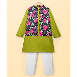 Pine Kids Woven Full Sleeves Floral Printed Kurta & Pyjama Set With Nehru Jacket - Lime Green